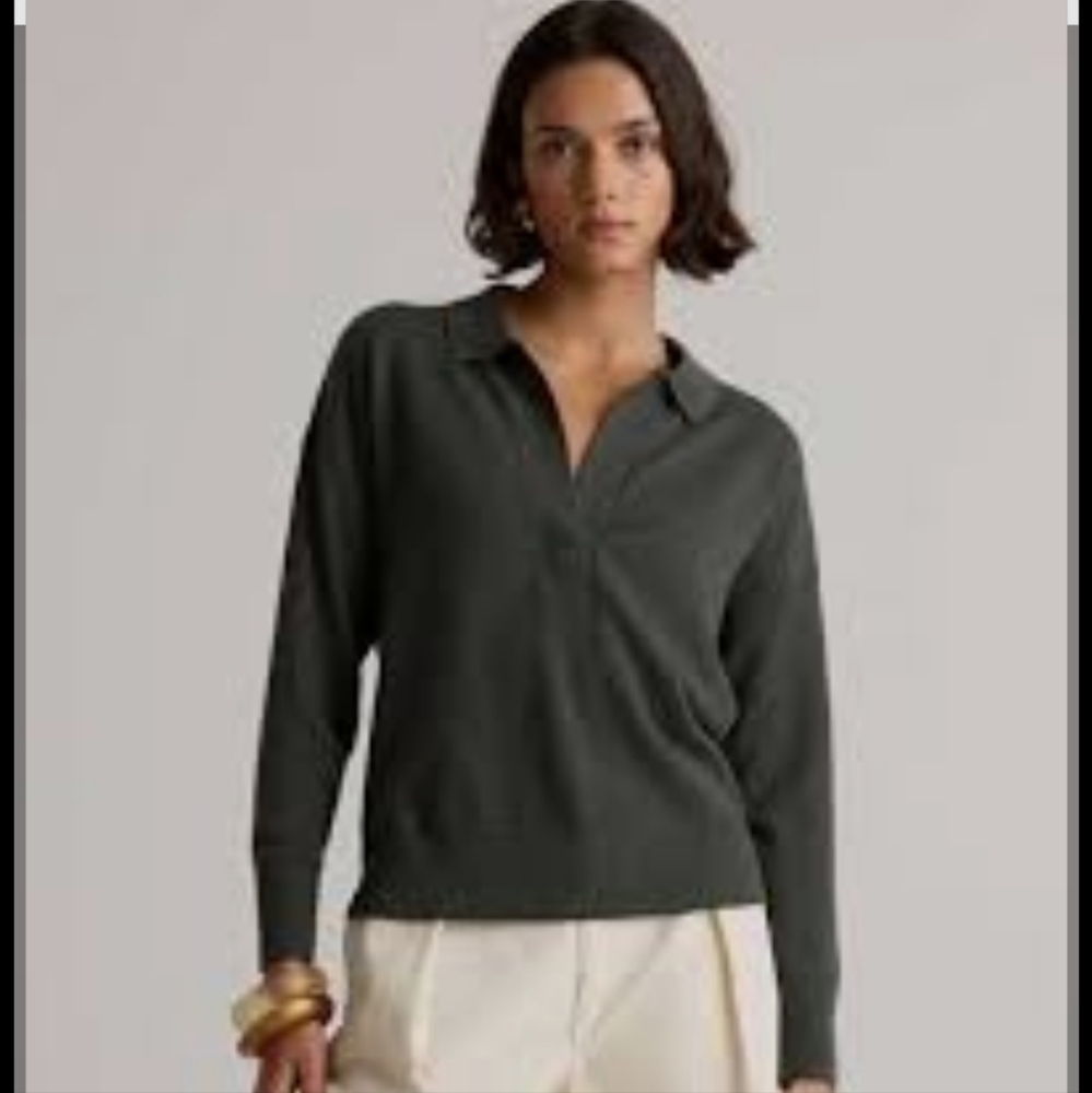 Quince Mongolian Cashmere Polo Sweater Moss Color Size Medium